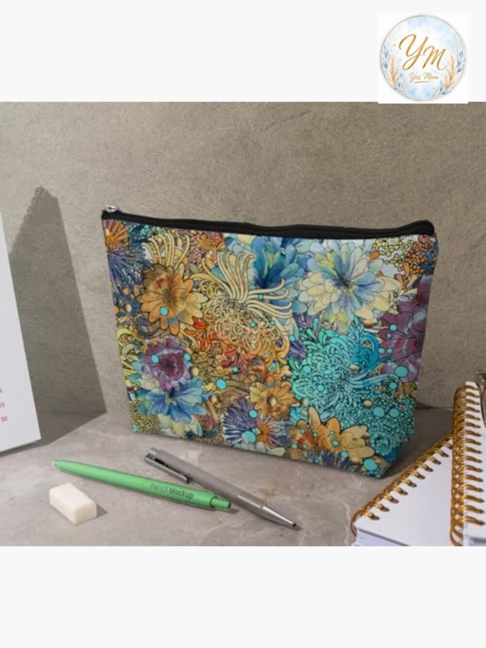 Vintage Leather Makeup Bag with Wildflower Prints, Zipper Pouch for Travel - Picture 5 of 6